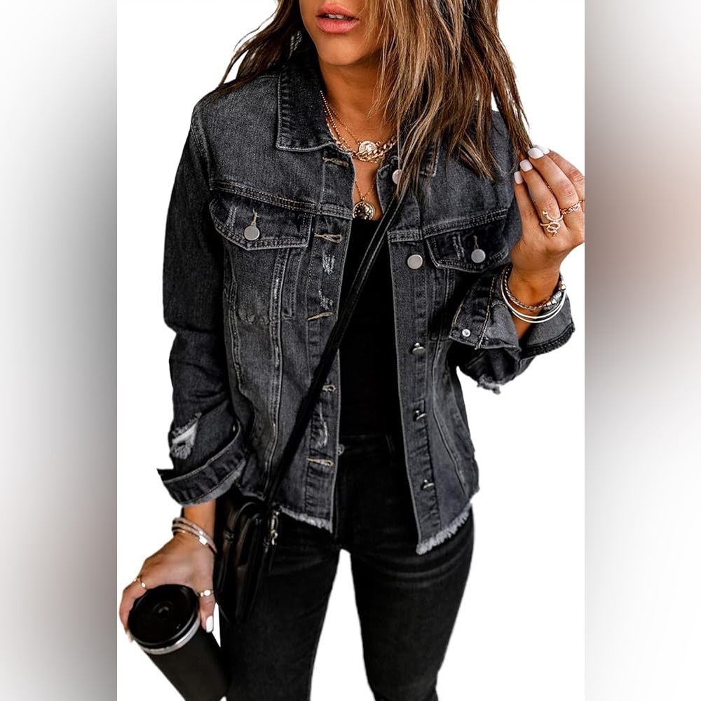 Classic Black Jean Denim Jacket Basic Long Sleeve Button Down Distressed Sz M - Picture 2 of 10